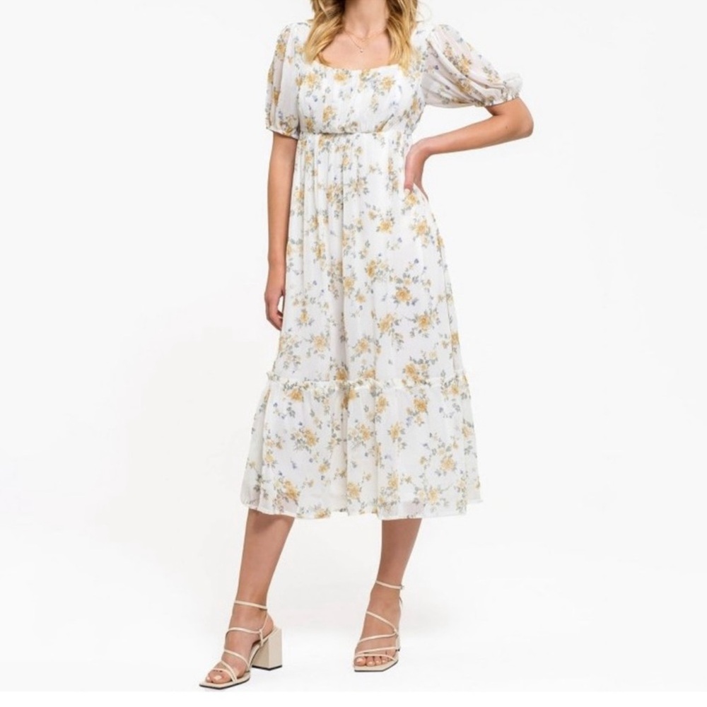 August sky floral Puff Sleeve Midi Dress